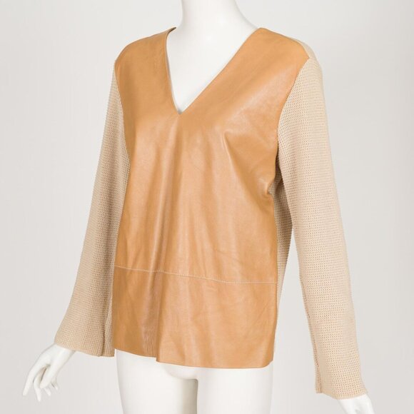 Gianfranco Ferré 1990s Vintage Beige Leather & Knit V-Neck Sweater Top - Picture 4 of 9